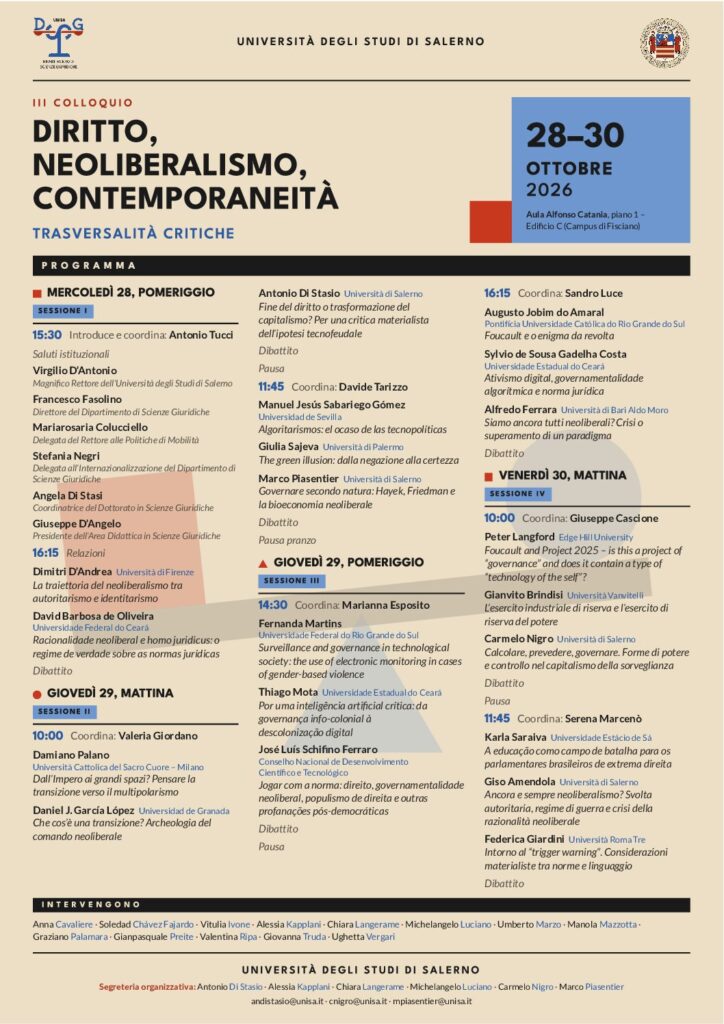 III COLLOQUIO INTERNAZIONALE “DIRITTO, NEOLIBERALISMO, CONTEMPORANEITÀ. TRASVERSALITÀ CRITICHE 